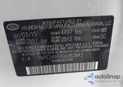 2016 Hyundai Sonata Se from USA, damaged, VIN 5NPE24AFXGH262843